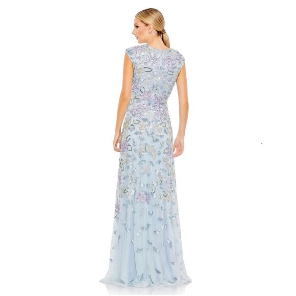 NWT Mac Duggal Sequined High Neck Cap Sleeve A Line Gown Ice Blue Multi 8 #8538 - Picture 4 of 8